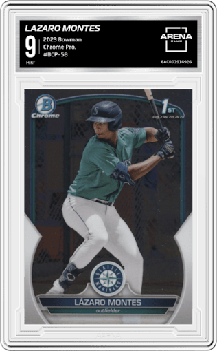 Lazaro Montes from the 2023 Bowman  set graded by Arena Club and given an overall grade of 9.