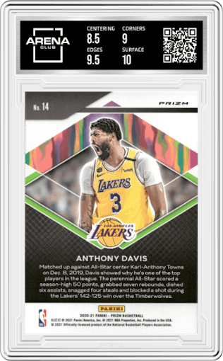 Anthony Davis from the 2020-21 Panini Prizm set featuring a Fast Break Prizm parallel graded by Arena Club and given an overall grade of 9.