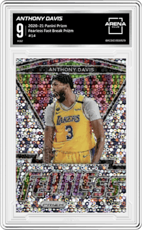 Anthony Davis from the 2020-21 Panini Prizm set featuring a Fast Break Prizm parallel graded by Arena Club and given an overall grade of 9.