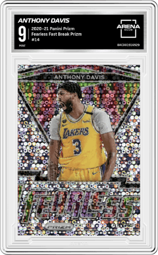 Anthony Davis from the 2020-21 Panini Prizm set featuring a Fast Break Prizm parallel graded by Arena Club and given an overall grade of 9.