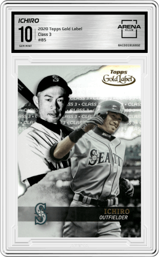 Ichiro from the 2020 Topps Gold Label set graded by Arena Club and given an overall grade of 10.