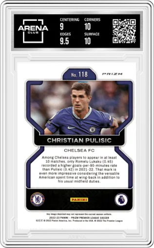 Christian Pulisic from the 2022-23 Panini Prizm Premier League set featuring a Breakaway Prizm parallel graded by Arena Club and given an overall grade of 9.5.