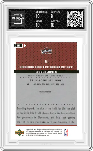 LeBron James from the 2003 Upper Deck MVP set graded by Arena Club and given an overall grade of 9.5.