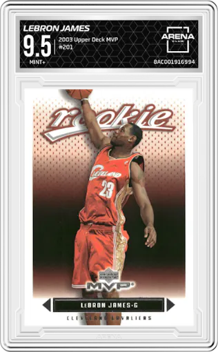 LeBron James from the 2003 Upper Deck MVP set graded by Arena Club and given an overall grade of 9.5.