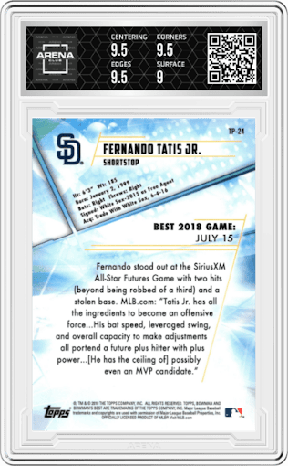 Fernando Tatis Jr. from the 2018 Bowman’s Best set graded by Arena Club and given an overall grade of 9.5.