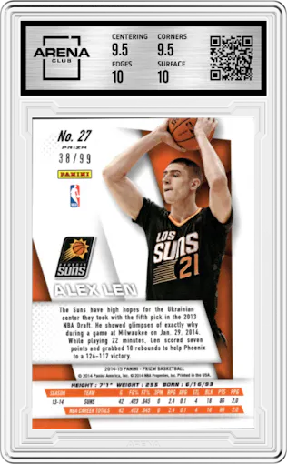 Alex Len from the 2014-15 Panini Prizm set featuring a Blue Prizm parallel graded by Arena Club and given an overall grade of 10.