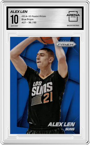 Alex Len from the 2014-15 Panini Prizm set featuring a Blue Prizm parallel graded by Arena Club and given an overall grade of 10.
