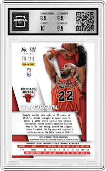 Taj Gibson from the 2014-15 Panini Prizm set featuring a Blue Prizm parallel graded by Arena Club and given an overall grade of 10.