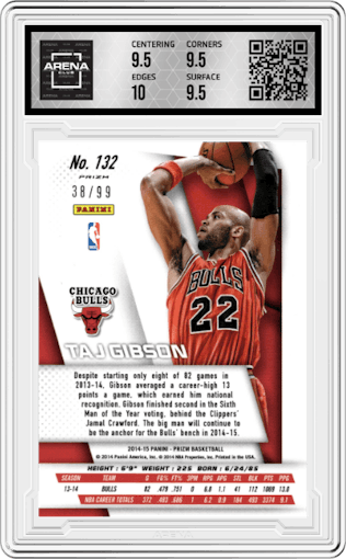 Taj Gibson from the 2014-15 Panini Prizm set featuring a Blue Prizm parallel graded by Arena Club and given an overall grade of 10.