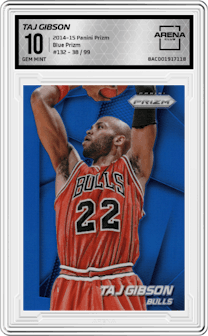Taj Gibson from the 2014-15 Panini Prizm set featuring a Blue Prizm parallel graded by Arena Club and given an overall grade of 10.
