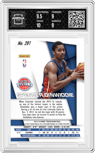 Spencer Dinwiddie from the 2014-15 Panini Prizm set graded by Arena Club and given an overall grade of 9.5.
