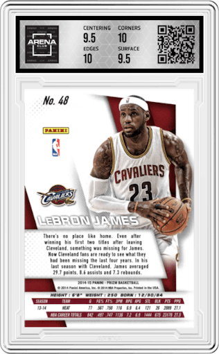 LeBron James from the 2014-15 Panini Prizm set graded by Arena Club and given an overall grade of 10.