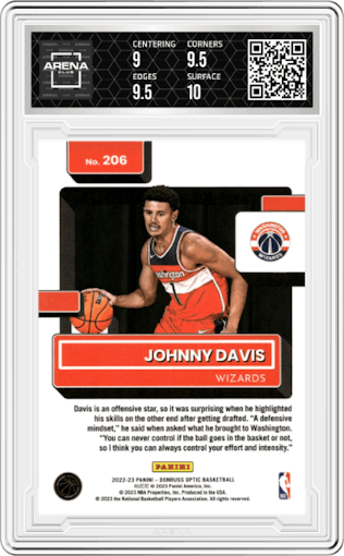 Johnny Davis from the 2022-23 Panini Donruss Optic  set graded by Arena Club and given an overall grade of 9.5.