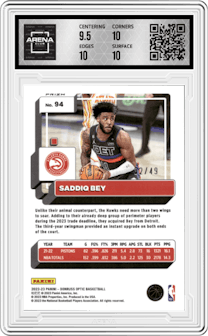 Saddiq Bey from the 2022-23 Panini Donruss Optic  set featuring a Blue parallel graded by Arena Club and given an overall grade of 10.