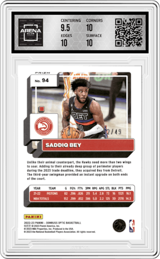 Saddiq Bey from the 2022-23 Panini Donruss Optic  set featuring a Blue parallel graded by Arena Club and given an overall grade of 10.