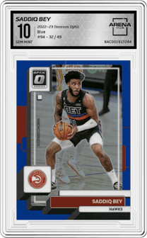 Saddiq Bey from the 2022-23 Panini Donruss Optic  set featuring a Blue parallel graded by Arena Club and given an overall grade of 10.