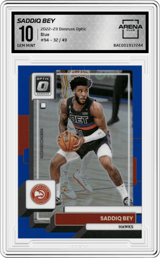 Saddiq Bey from the 2022-23 Panini Donruss Optic  set featuring a Blue parallel graded by Arena Club and given an overall grade of 10.