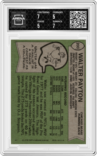 Walter Payton from the 1978 Topps set graded by Arena Club and given an overall grade of 5.5.