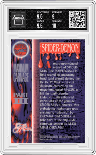 Spider-Demon from the 1994 Flair Marvel Annual set graded by Arena Club and given an overall grade of 9.5.