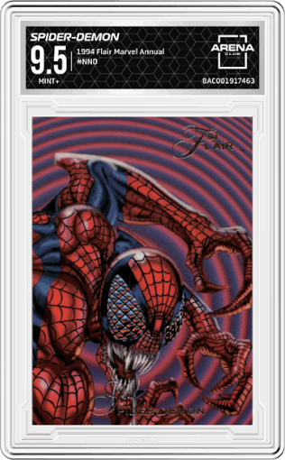 Spider-Demon from the 1994 Flair Marvel Annual set graded by Arena Club and given an overall grade of 9.5.