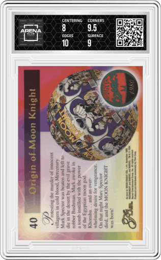 Moon Knight from the 1994 Flair Marvel Annual set graded by Arena Club and given an overall grade of 8.5.