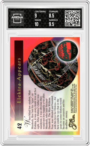 Elektra from the 1994 Flair Marvel Annual set graded by Arena Club and given an overall grade of 9.