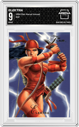 Elektra from the 1994 Flair Marvel Annual set graded by Arena Club and given an overall grade of 9.