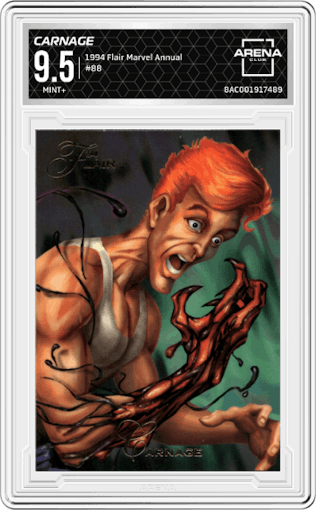 Carnage from the 1994 Flair Marvel Annual set graded by Arena Club and given an overall grade of 9.5.