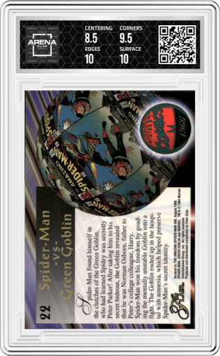 Spider-Man vs Green Goblin from the 1994 Flair Marvel Annual set graded by Arena Club and given an overall grade of 9.