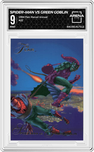 Spider-Man vs Green Goblin from the 1994 Flair Marvel Annual set graded by Arena Club and given an overall grade of 9.