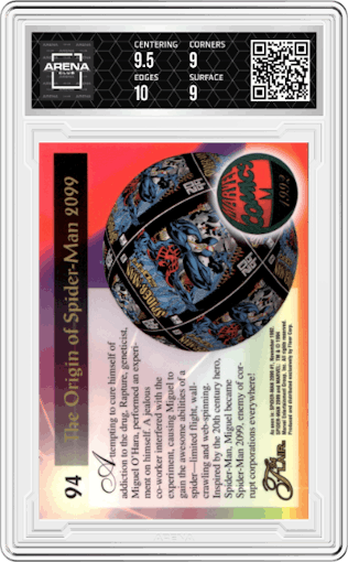 Spider-Man 2099 from the 1994 Flair Marvel Annual set graded by Arena Club and given an overall grade of 9.5.