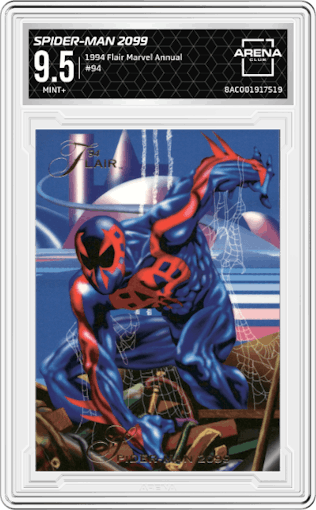 Spider-Man 2099 from the 1994 Flair Marvel Annual set graded by Arena Club and given an overall grade of 9.5.