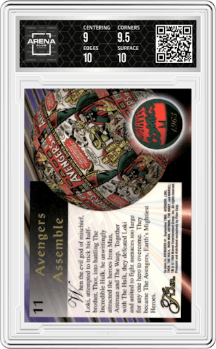Avengers from the 1994 Flair Marvel Annual set graded by Arena Club and given an overall grade of 9.5.