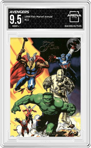 Avengers from the 1994 Flair Marvel Annual set graded by Arena Club and given an overall grade of 9.5.