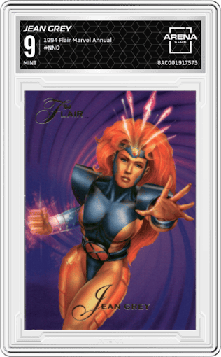 Jean Grey from the 1994 Flair Marvel Annual set graded by Arena Club and given an overall grade of 9.