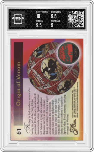 Venom from the 1994 Flair Marvel Annual set graded by Arena Club and given an overall grade of 9.5.