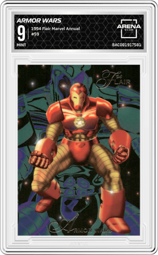 Armor Wars from the 1994 Flair Marvel Annual set graded by Arena Club and given an overall grade of 9.