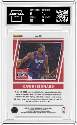 Kawhi Leonard from the 2022-23 Panini Donruss Optic  set graded by Arena Club and given an overall grade of 9.5.
