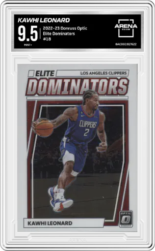 Kawhi Leonard from the 2022-23 Panini Donruss Optic  set graded by Arena Club and given an overall grade of 9.5.
