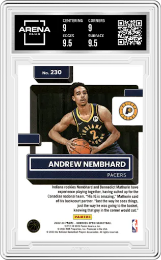 Andrew Nembhard from the 2022-23 Panini Donruss Optic  set graded by Arena Club and given an overall grade of 9.5.