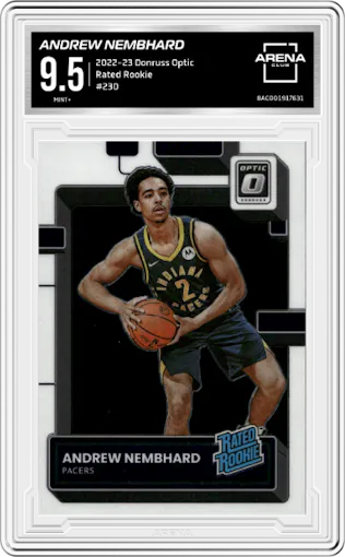 Andrew Nembhard from the 2022-23 Panini Donruss Optic  set graded by Arena Club and given an overall grade of 9.5.