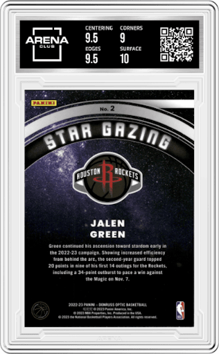 Jalen Green from the 2022-23 Panini Donruss Optic  set graded by Arena Club and given an overall grade of 9.5.