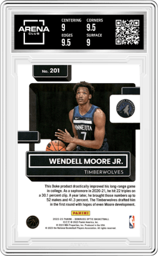 Wendell Moore Jr. from the 2022-23 Panini Donruss Optic  set graded by Arena Club and given an overall grade of 9.5.