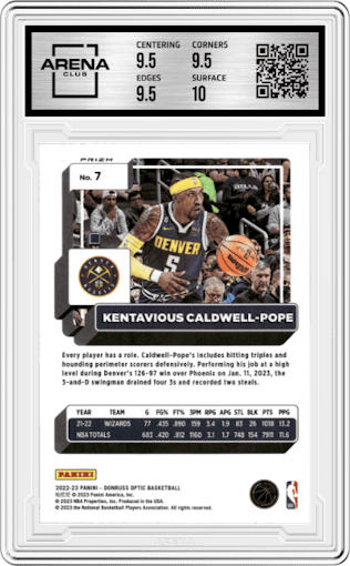Kentavious Caldwell-Pope from the 2022-23 Panini Donruss Optic  set featuring a Holo parallel graded by Arena Club and given an overall grade of 10.