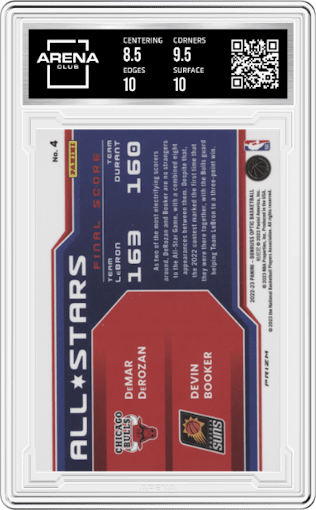 DeMar DeRozan/Devin Booker from the 2022-23 Panini Donruss Optic  set featuring a Holo parallel graded by Arena Club and given an overall grade of 9.