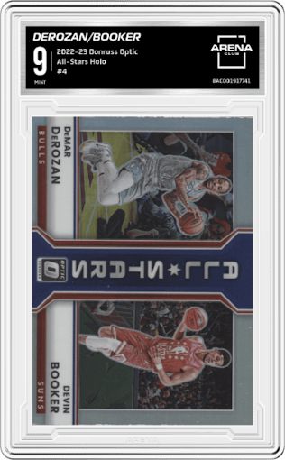 DeMar DeRozan/Devin Booker from the 2022-23 Panini Donruss Optic  set featuring a Holo parallel graded by Arena Club and given an overall grade of 9.