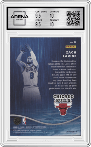 Zach Lavine from the 2022-23 Panini Donruss Optic  set featuring a Holo parallel graded by Arena Club and given an overall grade of 10.