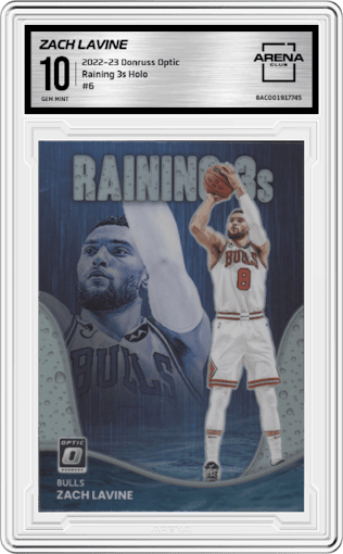 Zach Lavine from the 2022-23 Panini Donruss Optic  set featuring a Holo parallel graded by Arena Club and given an overall grade of 10.