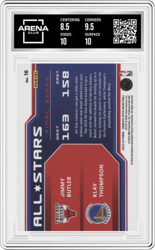 Jimmy Butler/Klay Thompson from the 2022-23 Panini Donruss Optic  set graded by Arena Club and given an overall grade of 9.