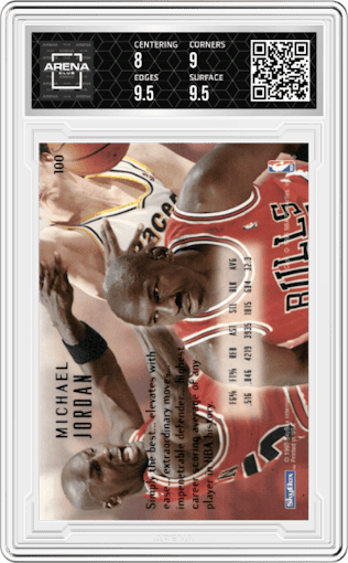 Michael Jordan from the 1994-95 Skybox E-Motion set graded by Arena Club and given an overall grade of 8.5.